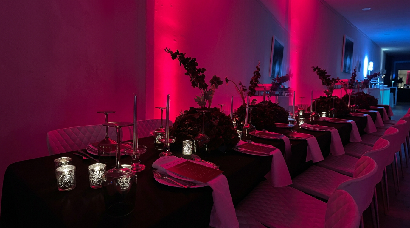 Crimson-lit banquet table with dark florals and tapers